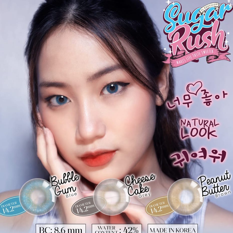 SOFTLENS SUGAR RUSH / NORMAL &amp; MINUS ( -0.50 S/D -4.00 ) BY EXOTICON /14.2MM / GREY BROWN BLUE / Softlen Soflens Soflen