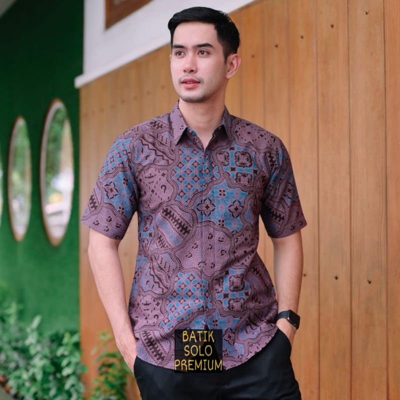 JAGADMUDA UNGU LILAC Kemeja Batik Pria Slim fit Lengan Pendek Lapis Furing Premium Asli Solo Sragen 