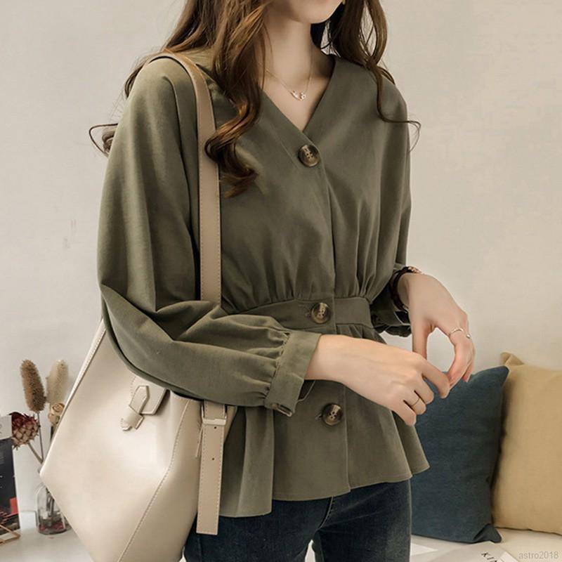 Blus V-Neck Lengan Panjang Slim Casual Elegan Warna Polos ...