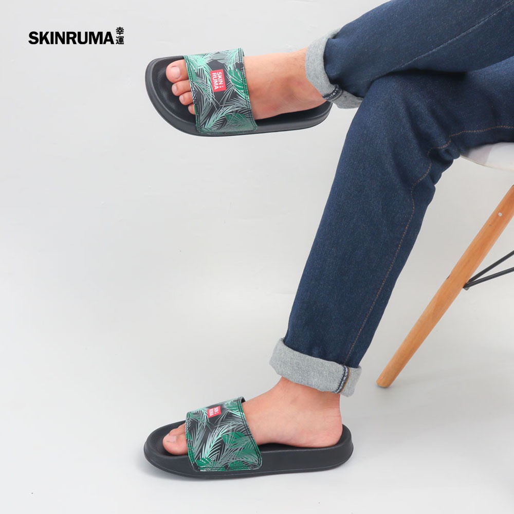 Sendal Selop Casual Pria SKINRUMA Original Leaf Green Motive Hitam / Sendal Slide Pria / Sendal Slip On Pria