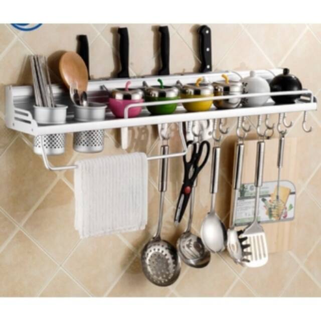 Aluminum Kitchen Storage Rack Pantry Pan Pot Organizer Cookware Holder Hooks Spice Dinnerware Shelf