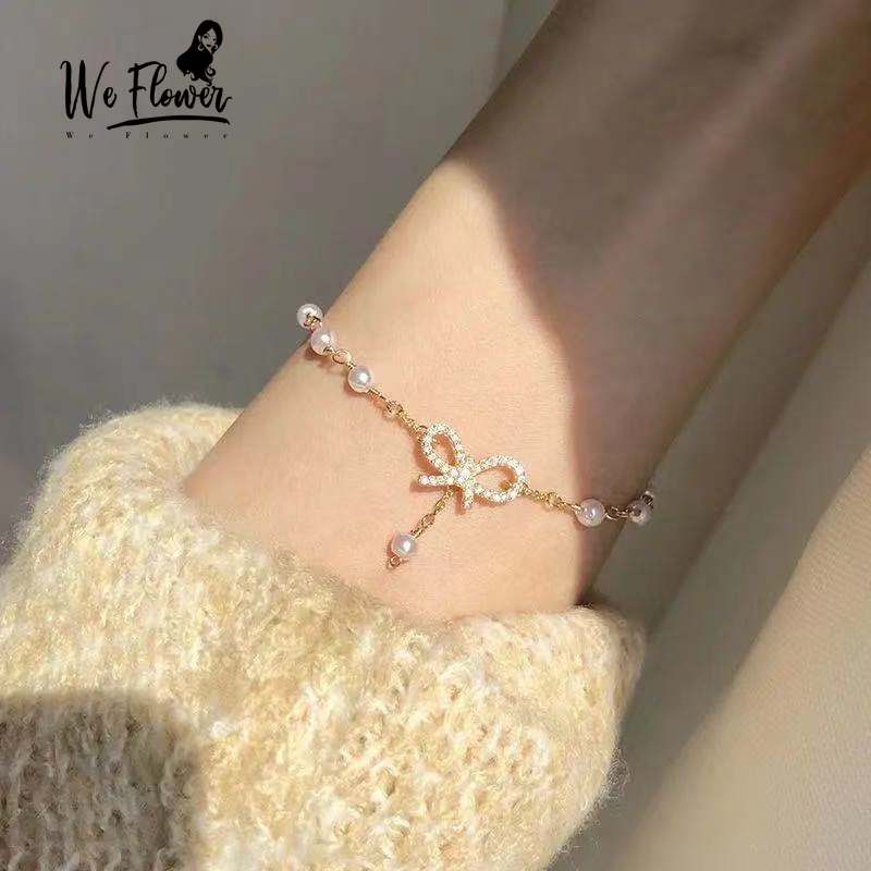 We Flower Gelang Emas 14K Hias Manik-Manik Mutiara Kristal Untuk Wanita