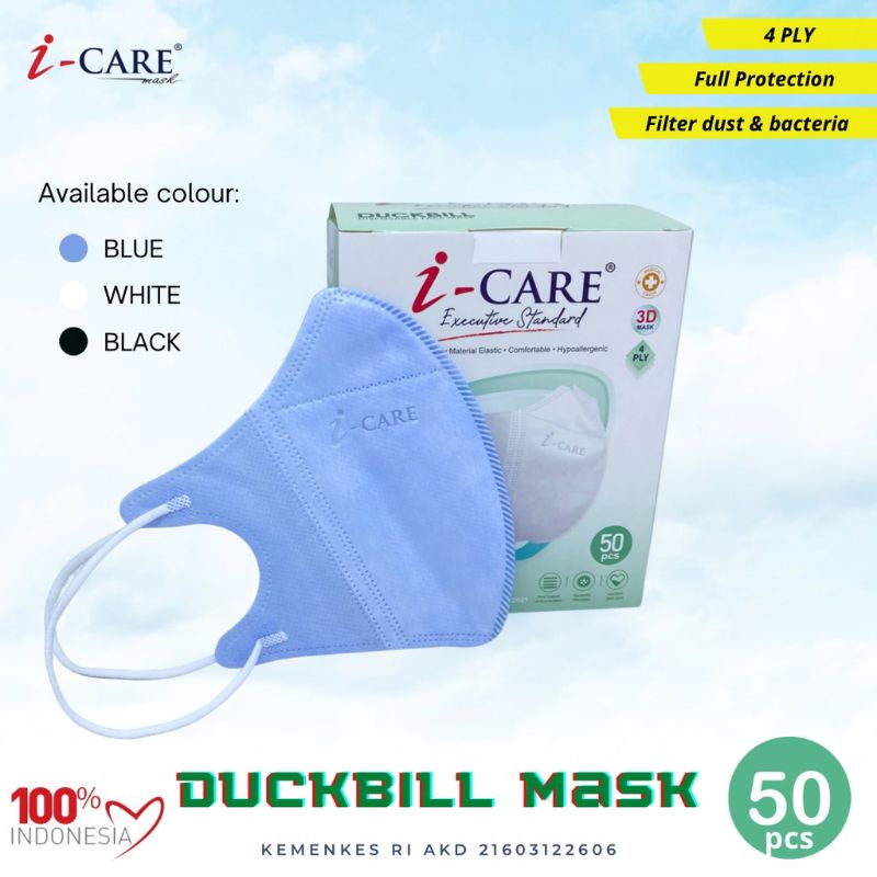 READY MASKER DUCKBILL 4 PLY ICARE EMBOS ICARE BIRU MUDA SOFT WARNA CAKEPS BAHAN HALUS LEMBUT ISI 50 LBR MASKER DUCKBILL MEDIS SUDAH KEMENKES