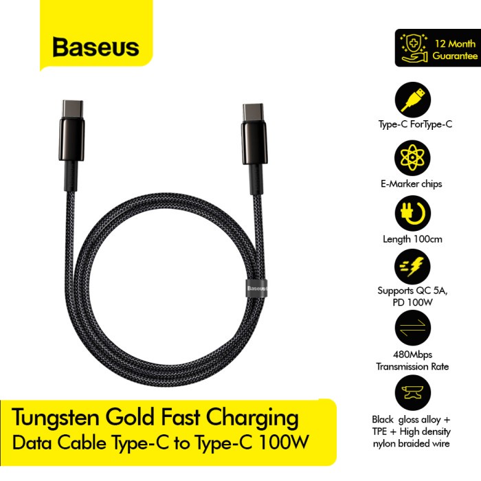 Baseus Tungsten Kabel Data USB Type C to Type C 100W 1M