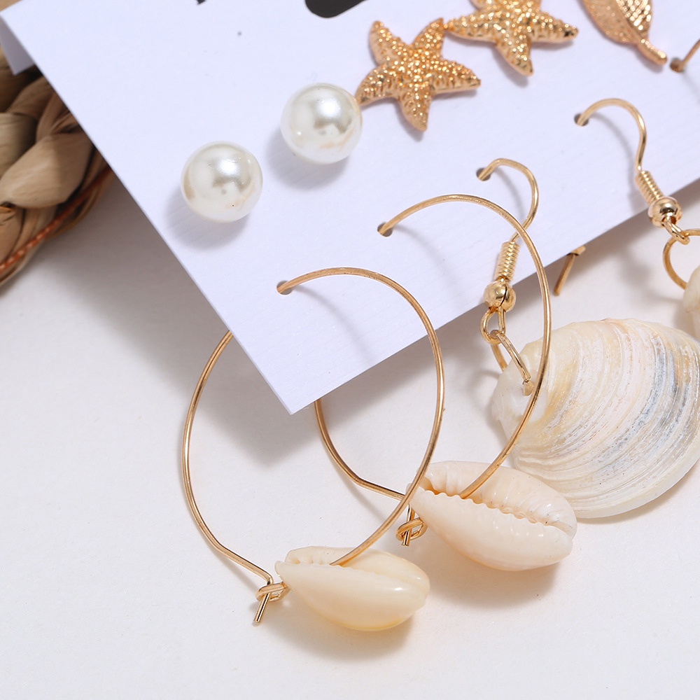 6 Pasang Anting Tusuk Motif Bintang Laut / Kerang / Mutiara Untuk Wanita