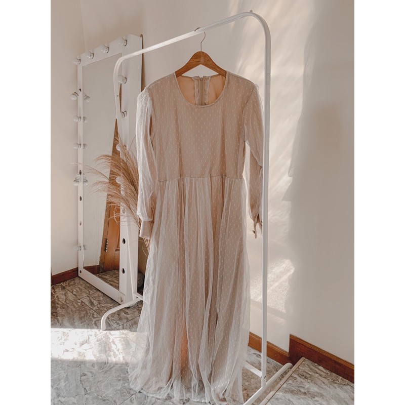 Long dress Brukat Tule Tile Lebaran Kondangan Lengan Balon Puff | Raya Dress Abaya Baju Lebaran