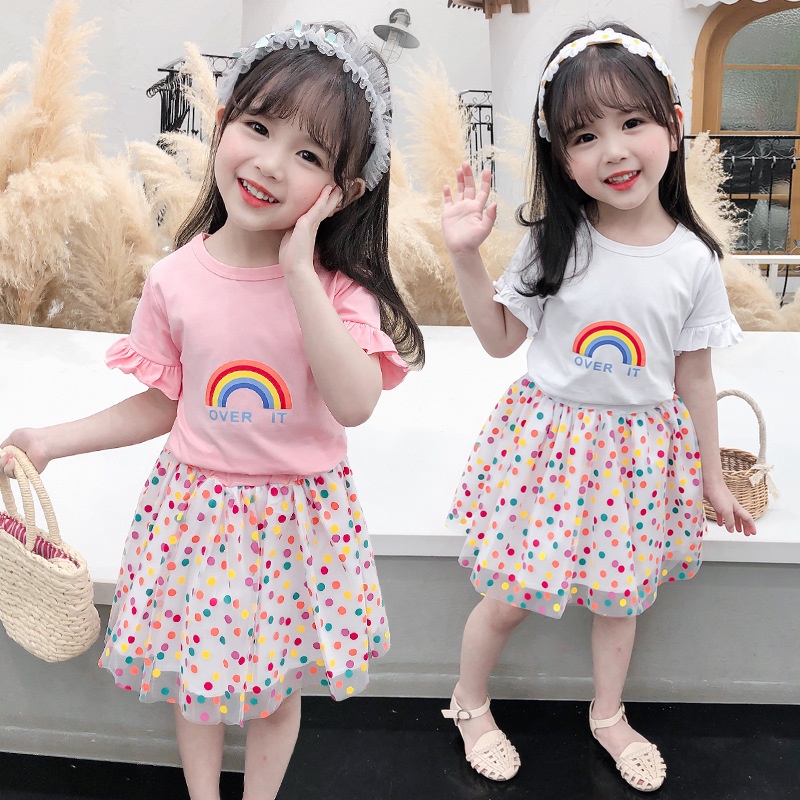 T-shirt Kaos lengan pendek anak perempuan + setelan rok pendek rok jala pelangi busana anak-anak Balet