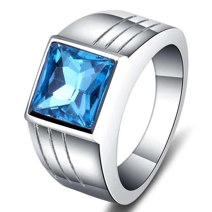 Cincin Pertunangan Pernikahan Kristal Safir Biru Fashion Perhiasan Baja Titanium Perak Pria Wanita Batu Permata Kristal Biru Silver Men Rings