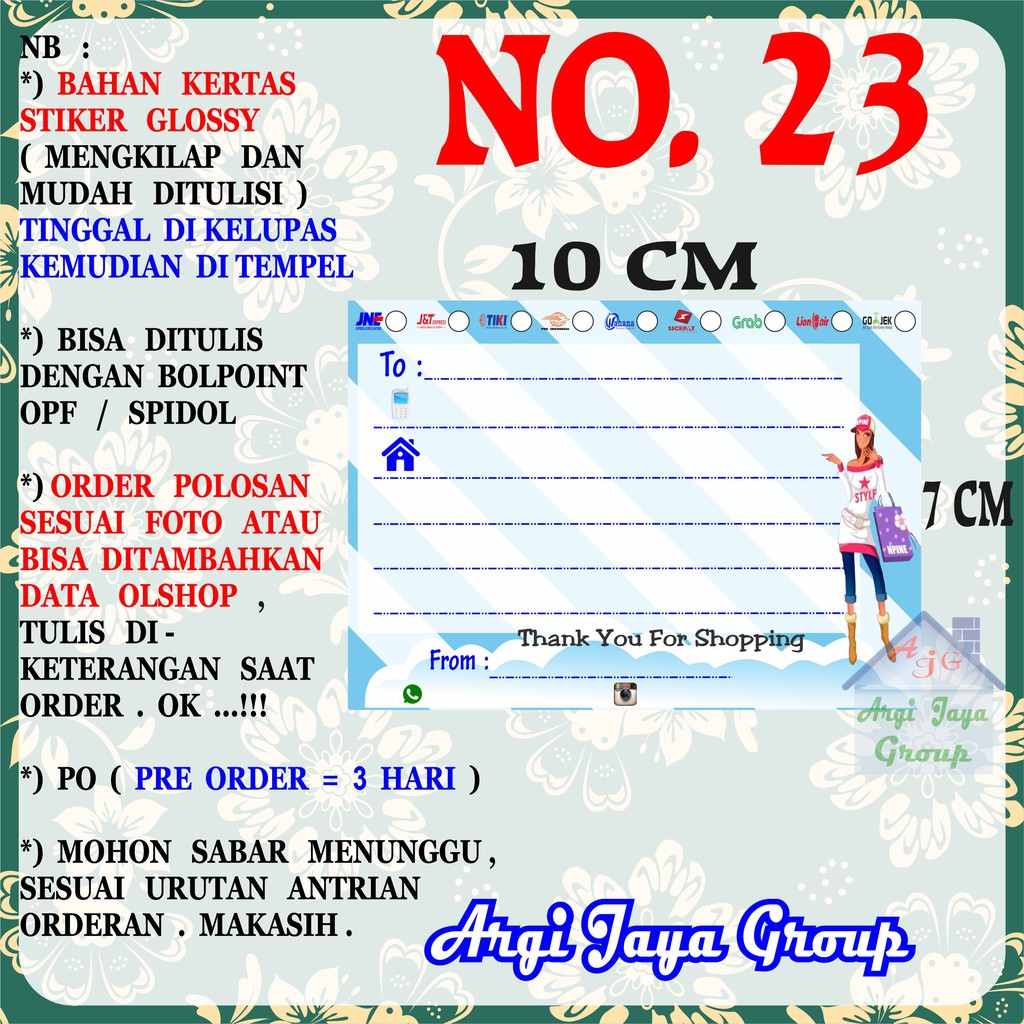 

Stiker Pengiriman - Sticker Alamat Olshop Murah Nomer 23 - 10x7 cm - Glossy