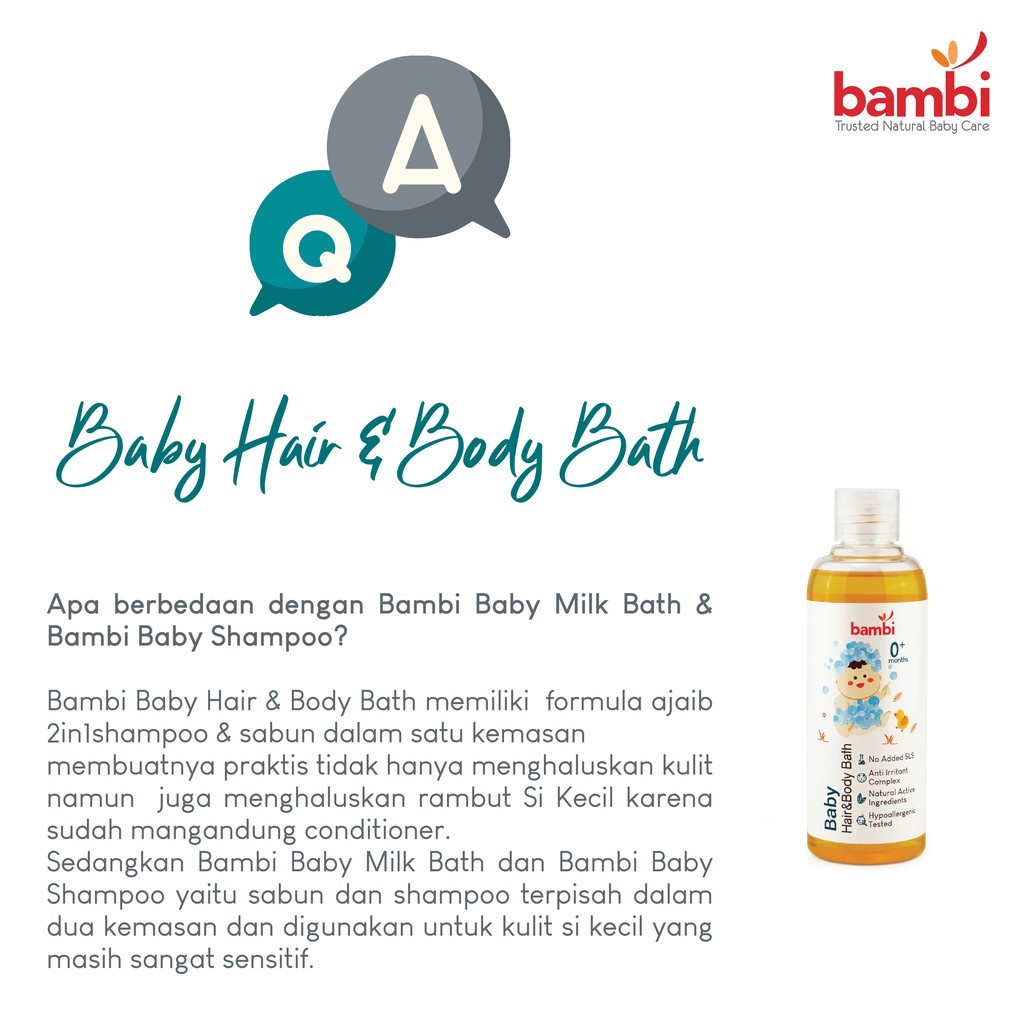 Bambi Baby Hair &amp; Body Bath 2 in 1 200ml | Sabun dan Shampoo Untuk Kulit Bayi Normal - Sensitif | PH Balance