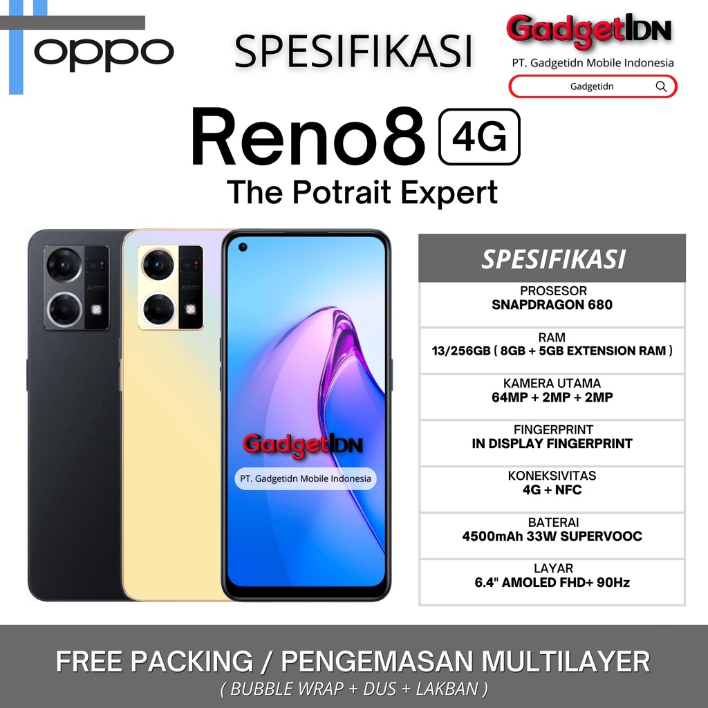 OPPO RENO 8 4G 13/256GB ( 8GB + 5GB EXTENDED RAM ) RENO8 GARANSI RESMI OPPO