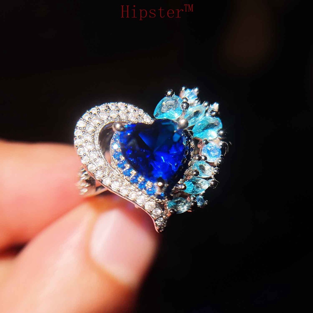 High-End Temperament Natural Dark Blue Gemstone Love Heart-Shaped Full Diamond Ring