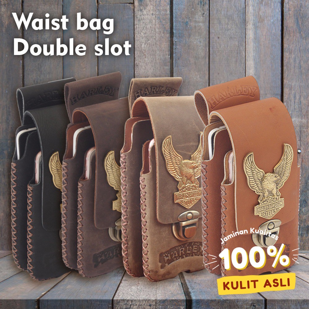 Tas Pinggang Double Slot Harley davidson Tan Coklat Kulit Sapi Asli PD01 Kkulit Craft