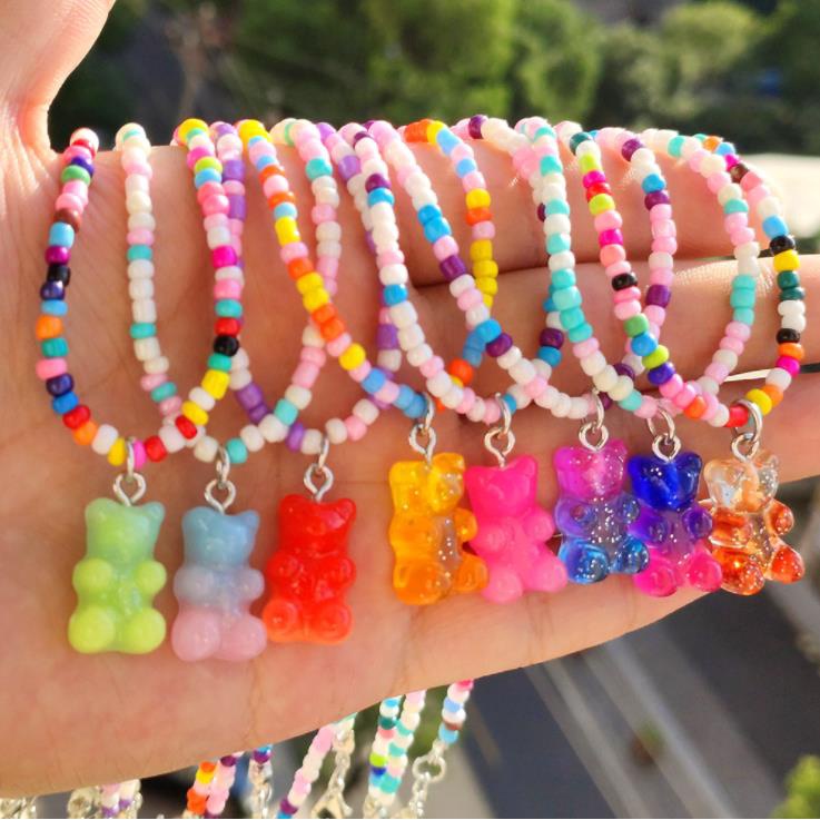 [ACKER] Korea Buatan Tangan Warna Pelangi Beruang Gummy Liontin Gadis Beras Manik Rantai Kalung Untuk Wanita