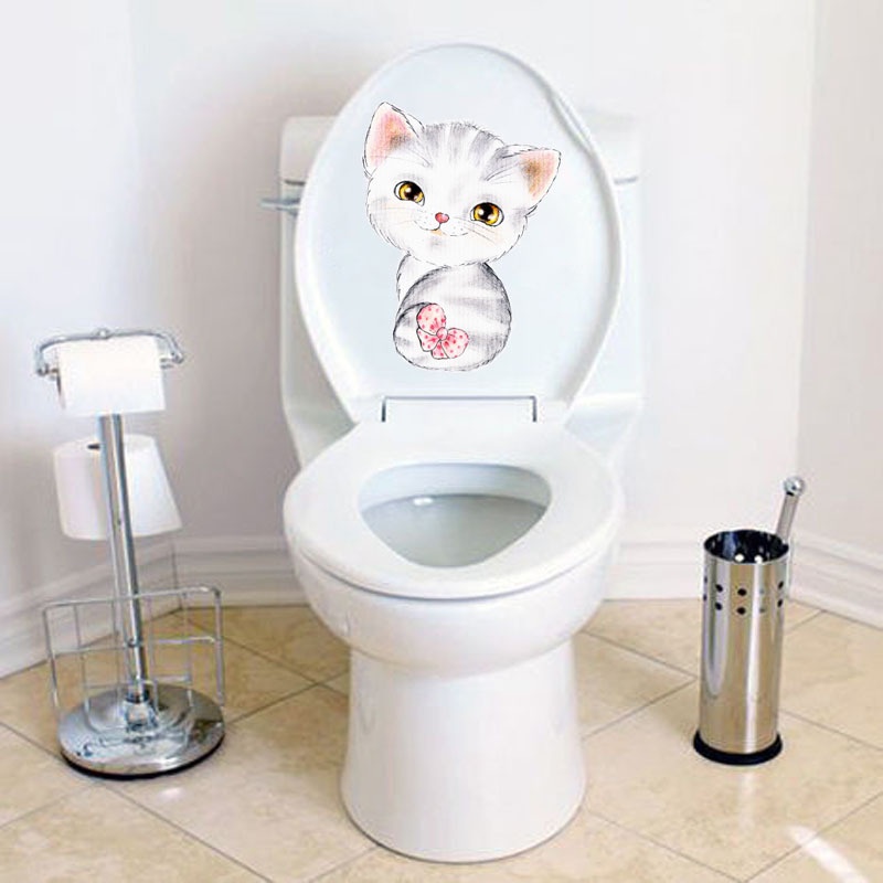 Stiker Toilet Motif Kartun Kucing Tahan Air Dengan Perekat Dapat Dilepas Untuk Dekorasi Kamar Mandi