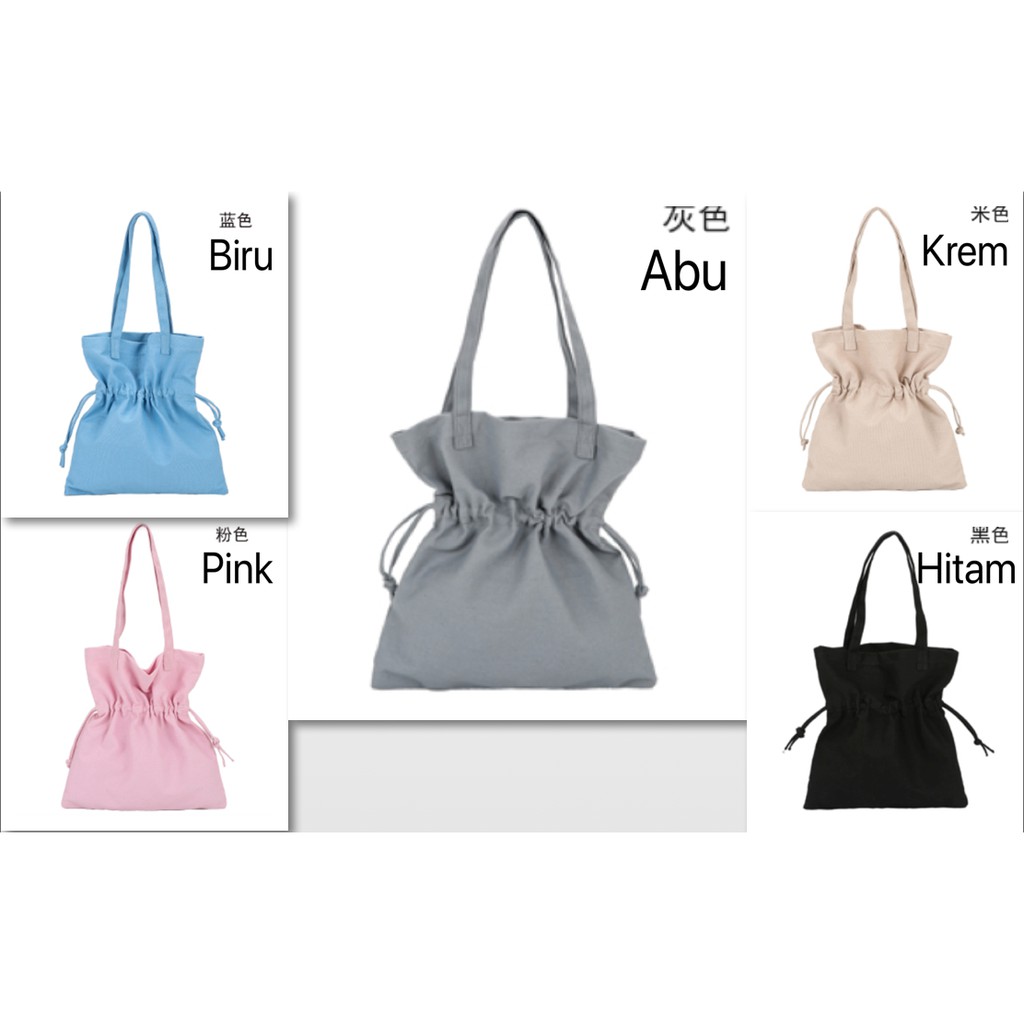 SALE LJY10 Tas Tote Wanita Korea Serut Tengah Kanvas Polos Warna Draw String Color TKM