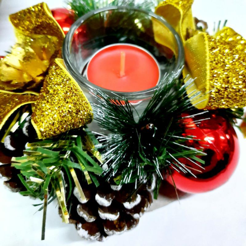 Tempat Lilin Doa Krans Natal Hiasan Dekorasi Kado Natal Pita Gold Pinus Aksesories Lilin