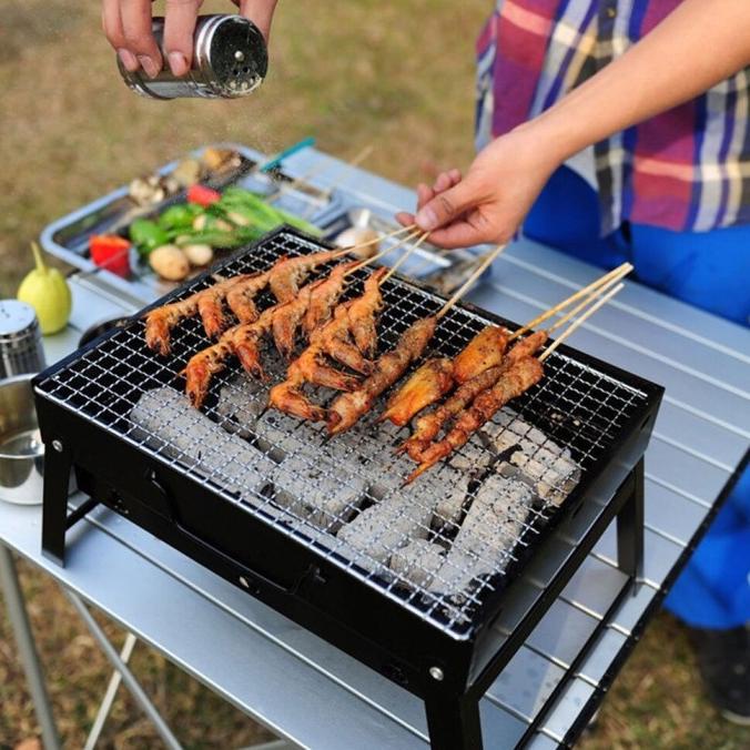 Panggangan arang Sate BBQ grill sosis bakar portabel model Koper lipat