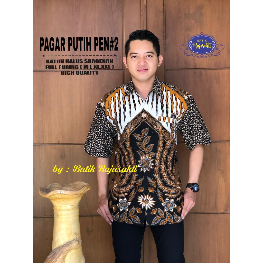 PAGAR PUTIH RAJASAKTI KEMEJA BATIK SOLO PRIA LENGAN PENDEK LAPIS FURING ATASAN BATIK PREMIUM MODERN KATUN HALUS BAHUWIRYA  BANAMITRA BANAMITRA PUTIH BANGSAWAN BAYU PUTRA BERLIAN BIRU BHARATAYUDA BIMASENA BIRENDRA BIRU INDAH BRAHMAKERTA BRAHMAKERTA MERAH