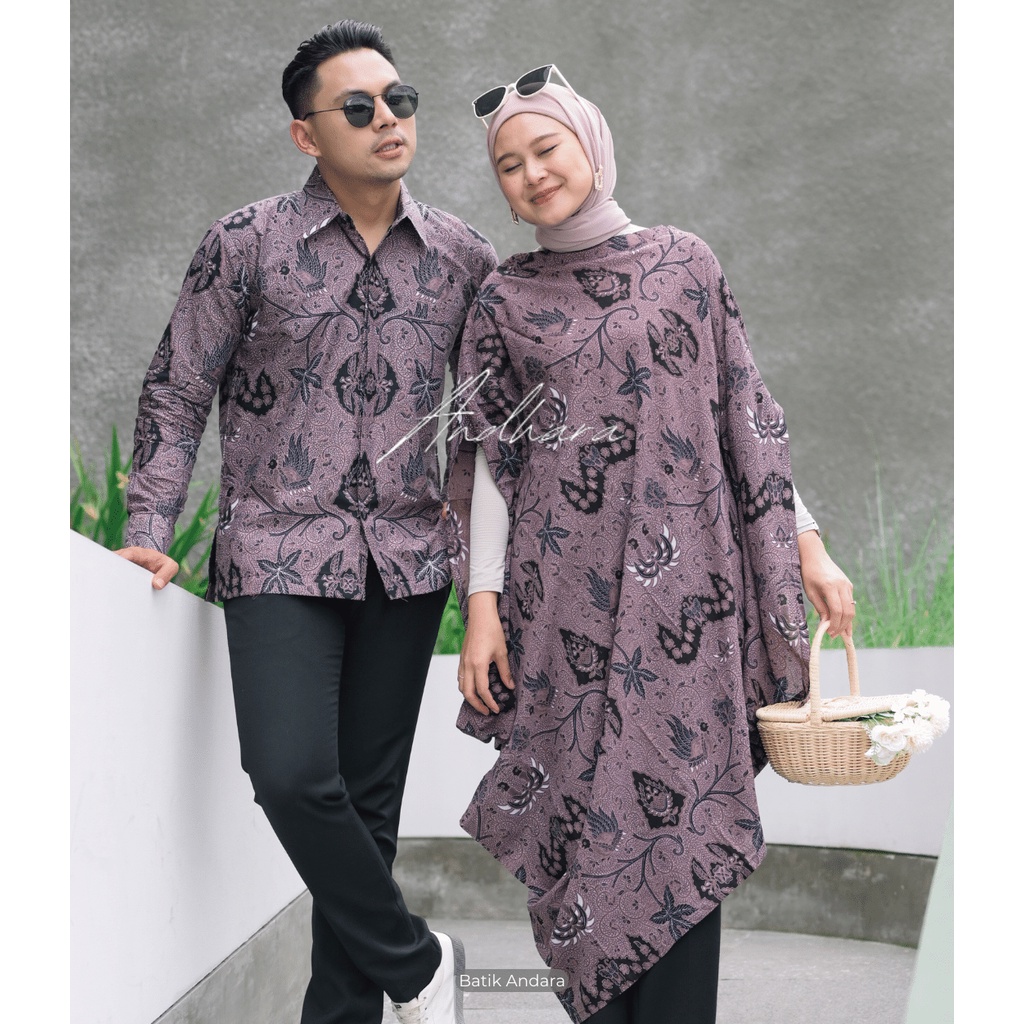 Couple Batik  Modern Kondangan Keluarga Kemeja Kaftan Set WAHYU UNGU CPL