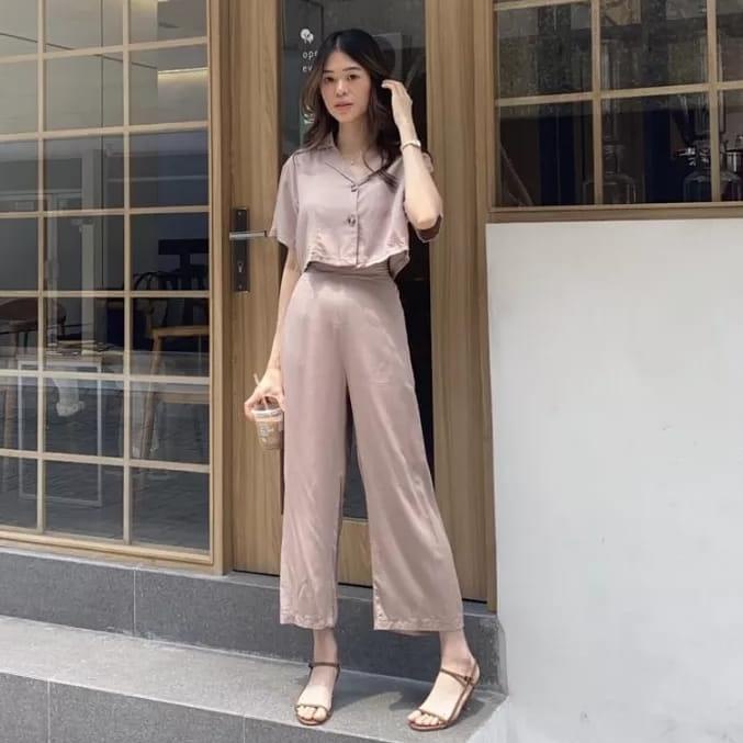 "Ail31au22ᴾ" One Set Crop Rayon Bali - Setelan Wanita Korean Style Kancing Depan Kekinian (baju+cela