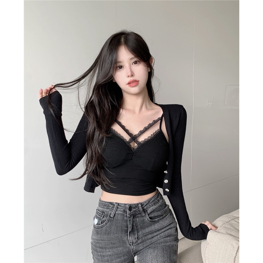 Suhao Lace Kamisol Black Bottoming Shirt Cropped Top