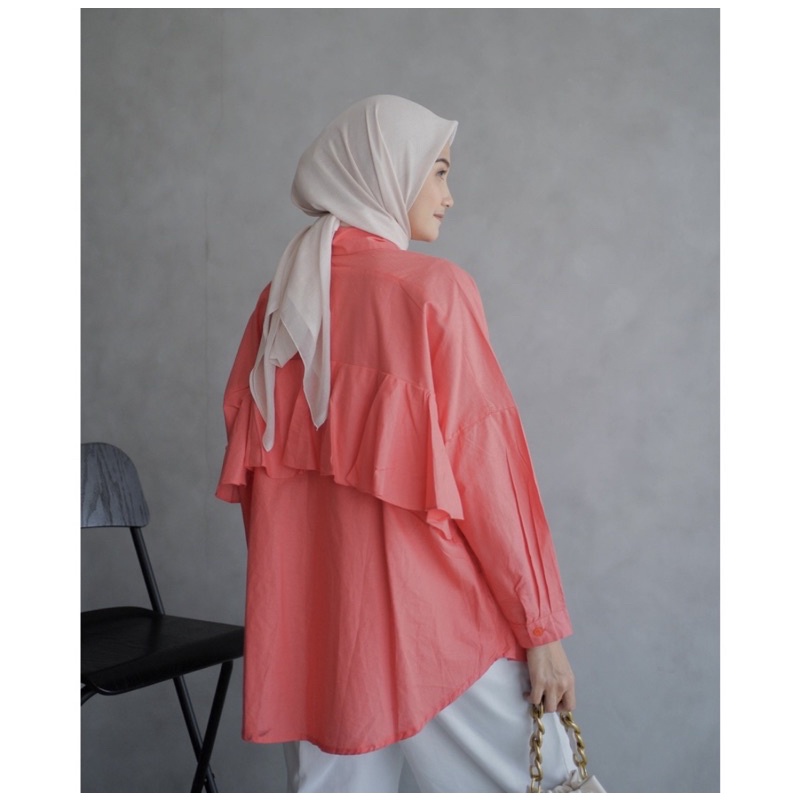SEYHA - NINY KEMEJA REMPLE BLOUSE WANITA SHIRT PUTIH KEMEJA Lengan Panjang-Salmon