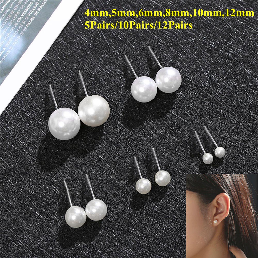 5 Pasang / 10 Pasang / 12 Pasang Anting Stud Mutiara Bentuk Bulat Ukuran 4mm 5mm 6mm 8mm 10mm 12mm Untuk Wanita