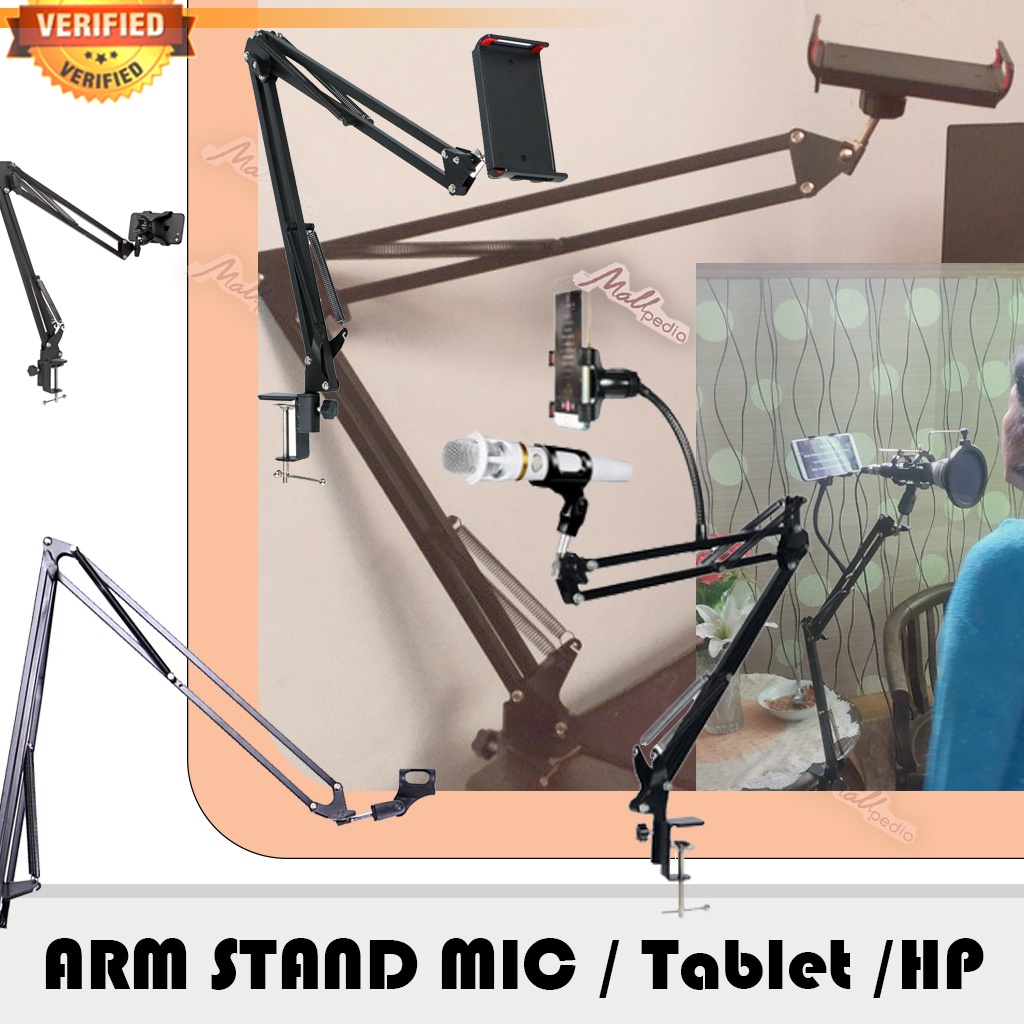 SH9 Jepitan Meja Condenser Microphone Mic Mikropon Mik Tablet HP + POP Filter Holder HP Suspension Boom Scissor Arm Stand Vlogger Youtuber Stand Black