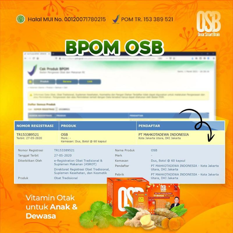 OSB Vitamin Otak Anak dan dewasa Omar Smart Brain Kapsul 100 % Produk Asli &amp; Original