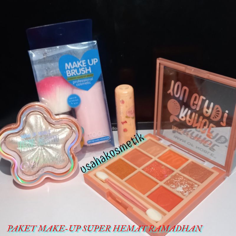 PAKET HEMAT RAMADHAN MAKEUP 4IN1 [Eyeshadow + highlighter + Brush makeup Besar + Lip balm ]