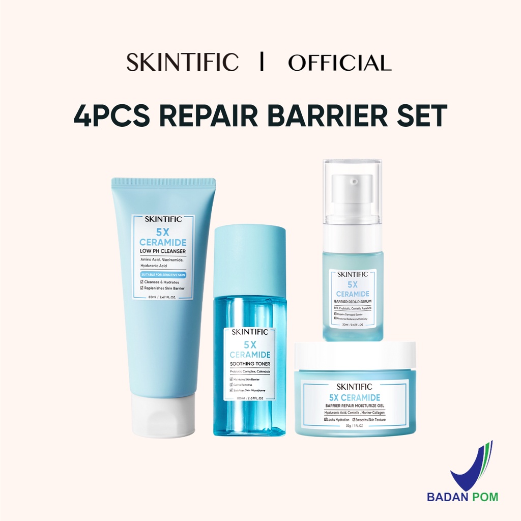 Skintific 4 pcs Paket Skincare with serum - Low pH Cleanser & Barrier Repair Moisture Gel & Exfoliating Toner & Niacinamide Brightening Serum &  Acid Anti Acne Serum &  Soothing Toner & Barrier Rrpair Serum & Hyaluronic Acid Hydrating Serum-repair barrier set