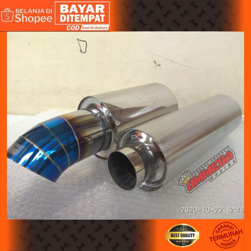 KNALPOT MOBIL JS RACING BIRU BURNTIPE BASS BULAT MURAH PROMO TERLARIS KENALPOT OMEGA MUFLER HKS