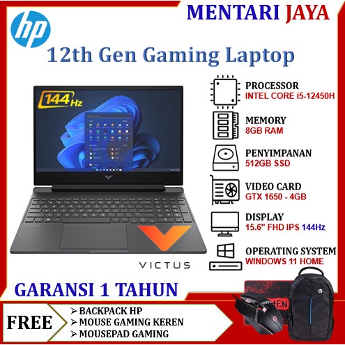 Laptop Gaming Murah HP Victus 15 INTEL i5 12450H 16GB 1TB SSD GTX1650 Full HD IPs 144Hz Win11