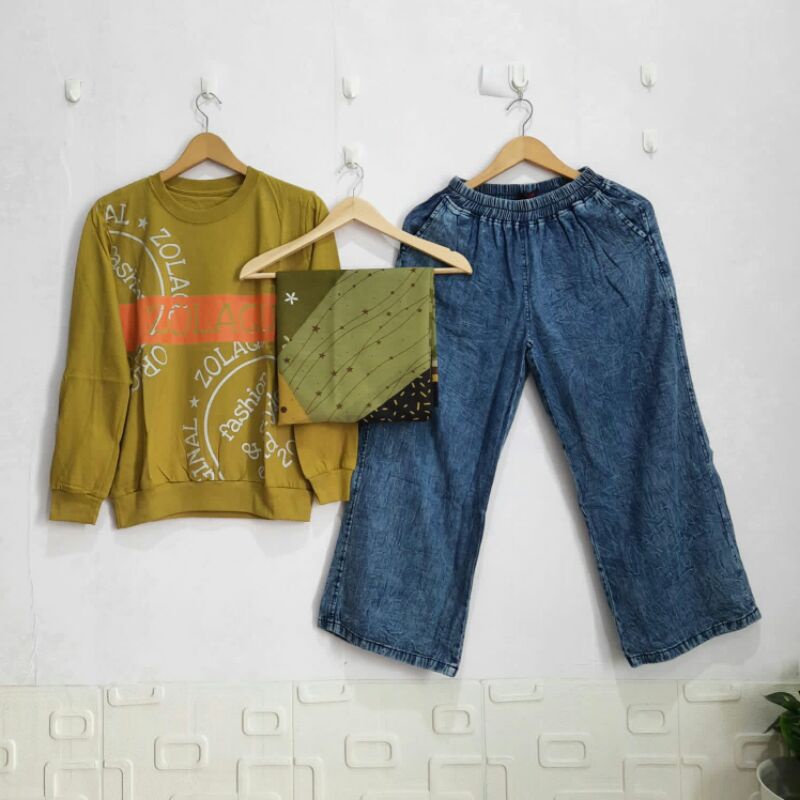 Set Kulot Jeans wash Jevanni  Kaos Combed Allsize + Hijab Voal Segi Empat