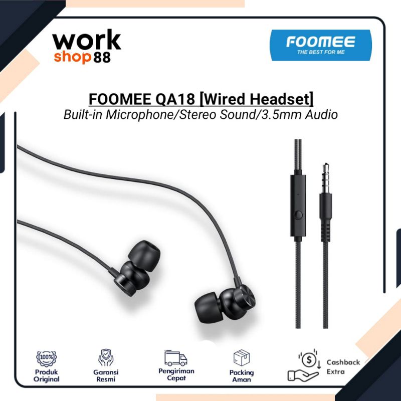 Baru FOOMEE QA18 Wired Headset - New Original Garansi Resmi - Full Bass Stereo Sound Built-in Microp