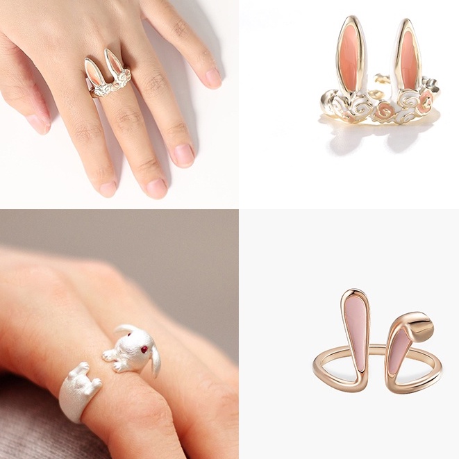 Cincin Model Terbuka Desain Telinga Kelinci Desain Lukisan Minyak Mawar adjustable Untuk Wanita