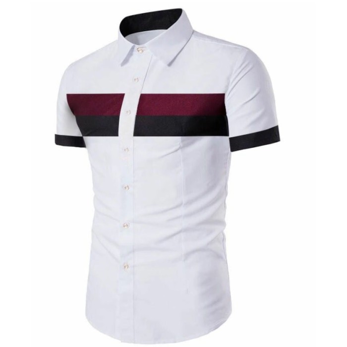 MIX HEM HENRY KEMEJA PRIA LENGAN PENDEK BAJU KEMEJA POLOS KASUAL COWOK - Putih, XS
