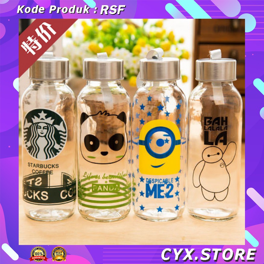 Gs8 Botol Minum kaca Sport 300 ml Desain Karakter Unik Creative Portable Sports Glass Water Bottles 300ml / Botol Minuman rsf Transparent Bymax-3