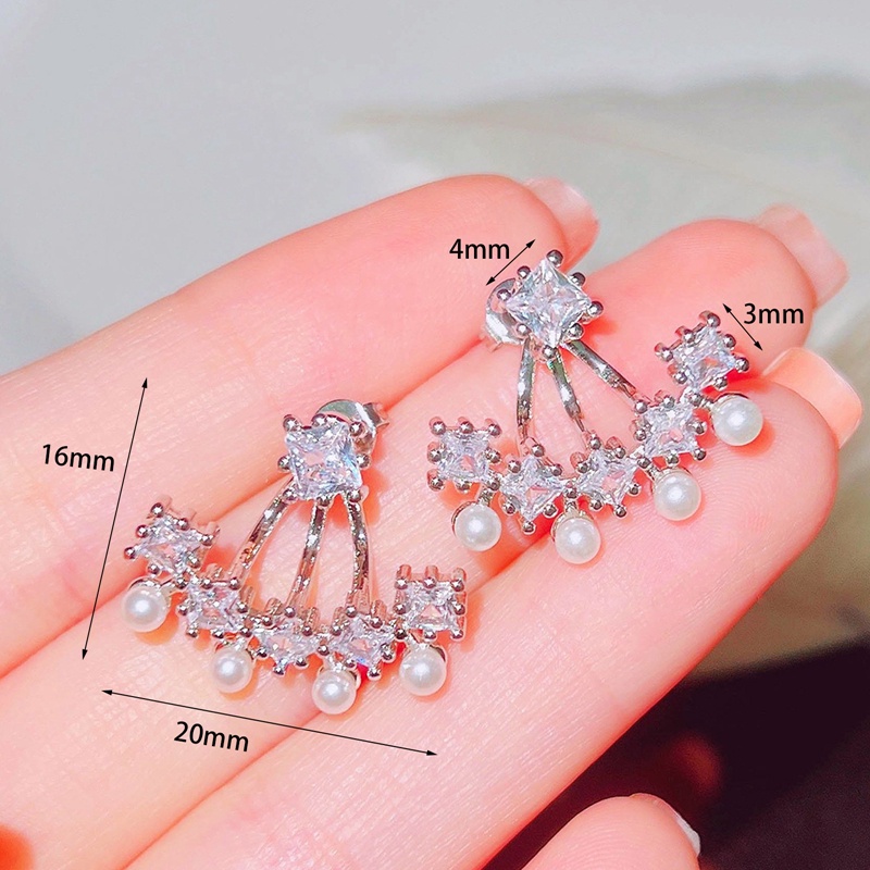 Anting Stud Zircon Mutiara Bahan 925 Silver Gaya Korea Untuk Wanita