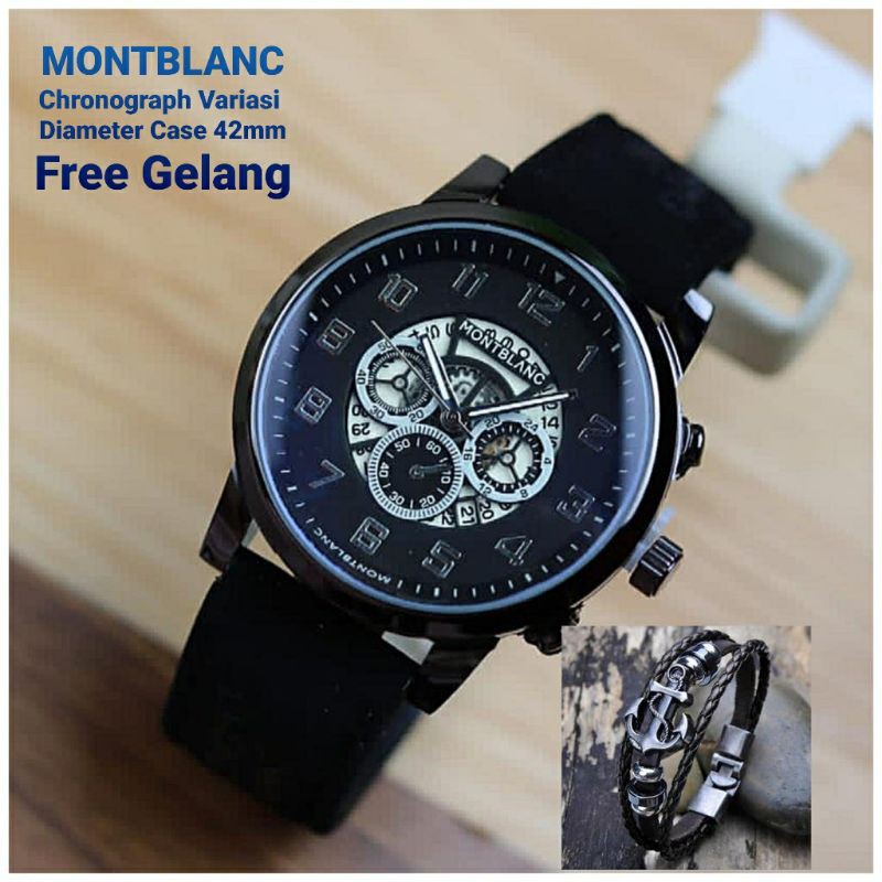 Jam Tangan Analog Pria Montblanc Texas Chronograph Variasi Tali Kulit Tanggal Free Gelang