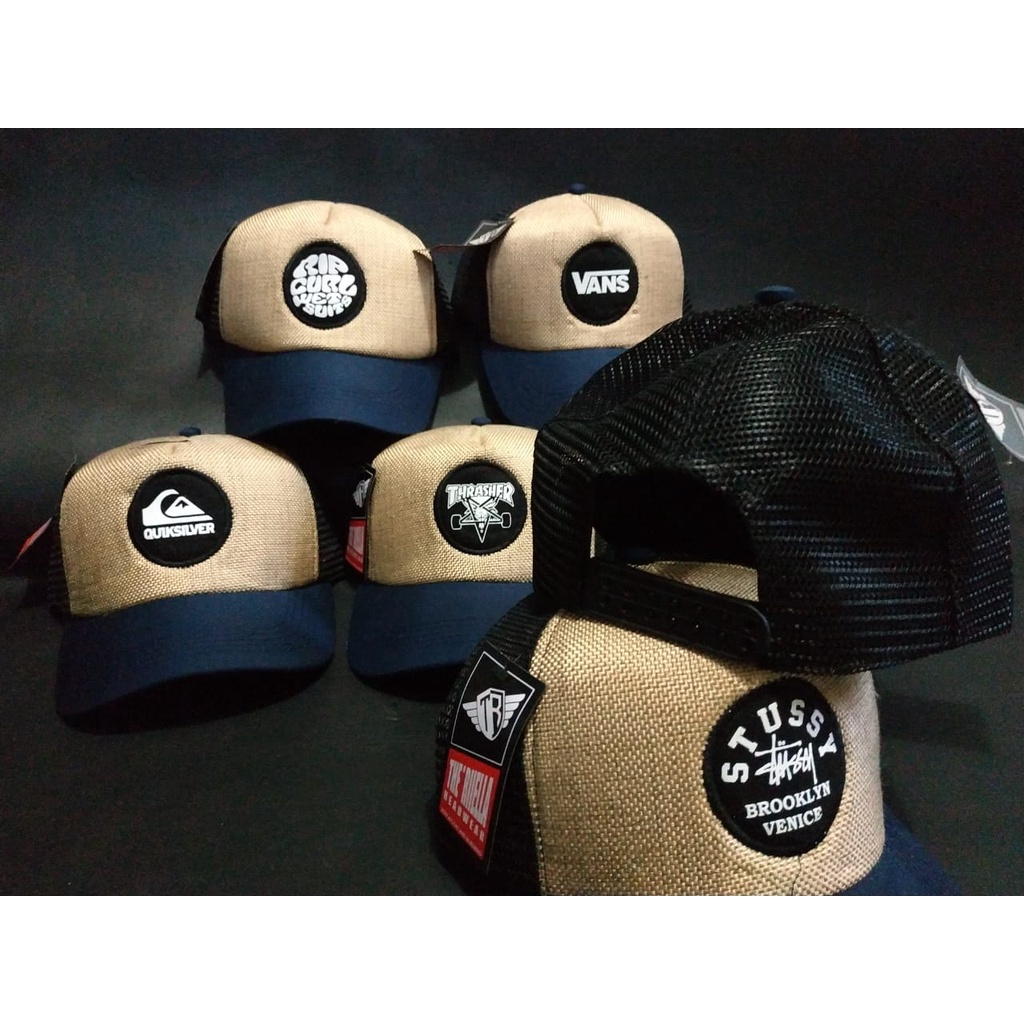 Best Seller Topi distro jaring viral cream kombinasi biru Unisex/realpict/COD