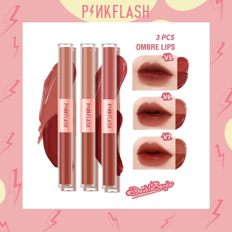 PINKFLASH 3 Pcs Dual-ended 2 in 1 Lipstick Matte Long-Lasting Lip Gloss Set V05 V06 V07