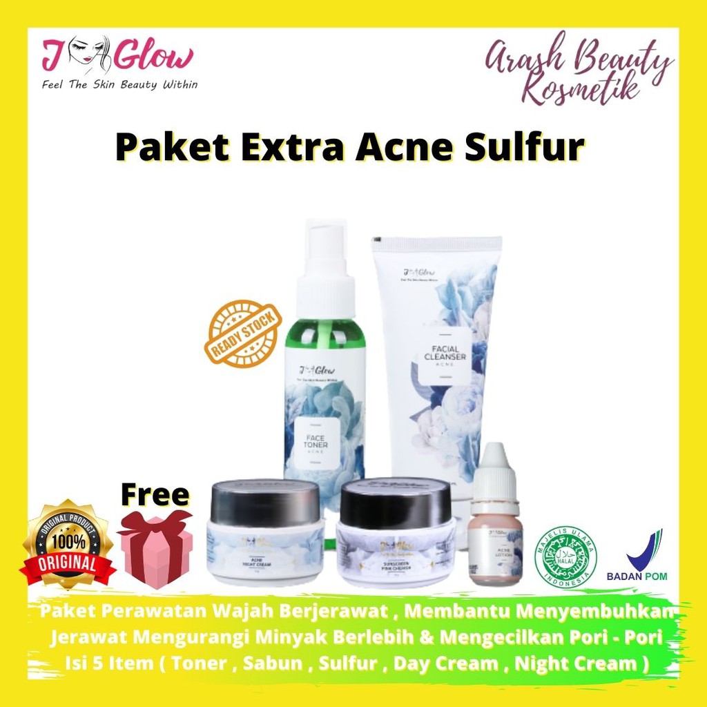 Jglow Skincare Paket Extra Acne Sulfur Perawatan Wajah Berjerawat Pemutih Wajah Pria Glowing Bpom