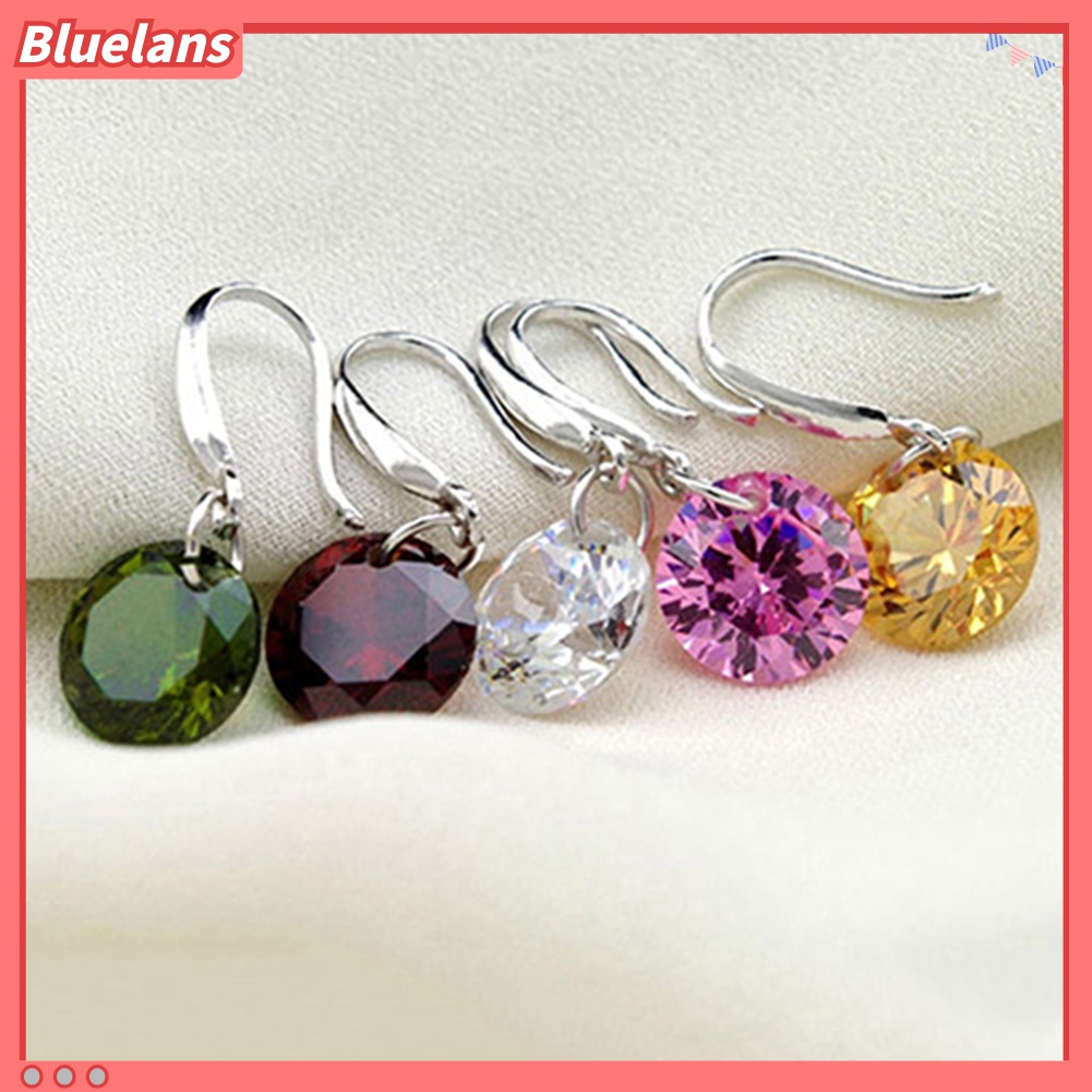 Anting Hook Silver Plated Bentuk Bulat Aksen Berlian Imitasi Untuk Wanita