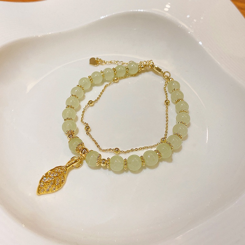 Gelang Tangan Manik-Manik Batu Jade Hijau Dua Lapis Untuk Wanita