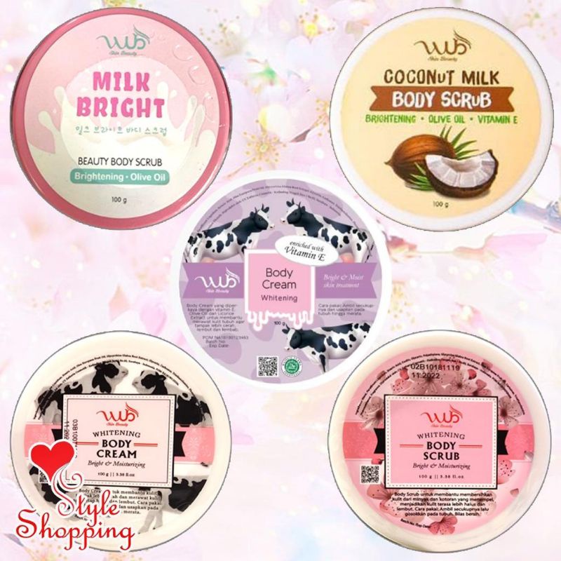WUB Body Cream Bleaching Vit E Baccarat & Scrub Whitening Milk Bright Coconut 100gr ORI 100% / Putih