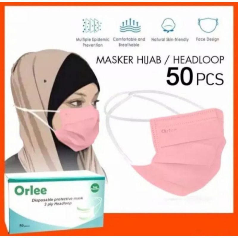 Masker Headloop hijab 3ply Orlee pink 1 box isi 50pc