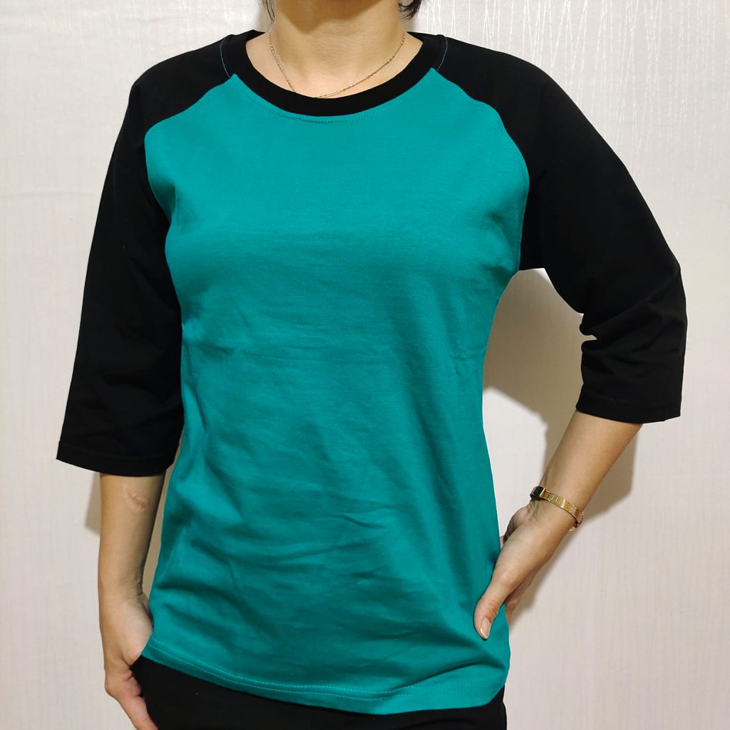 kaos polos raglan hijau tosca lengan hitam 3/4 20 22 S M L XL XXL