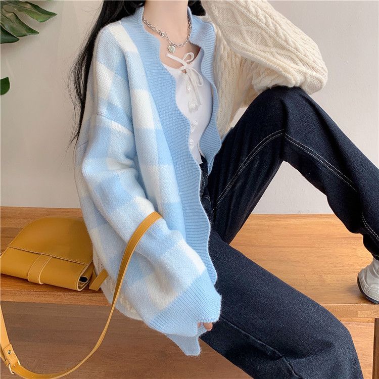 [littlecrab] Cardigan Oversize Biru Putih Knit Two Tone Korea Outer Rajut Gingham Import Berkualitas Korean Style